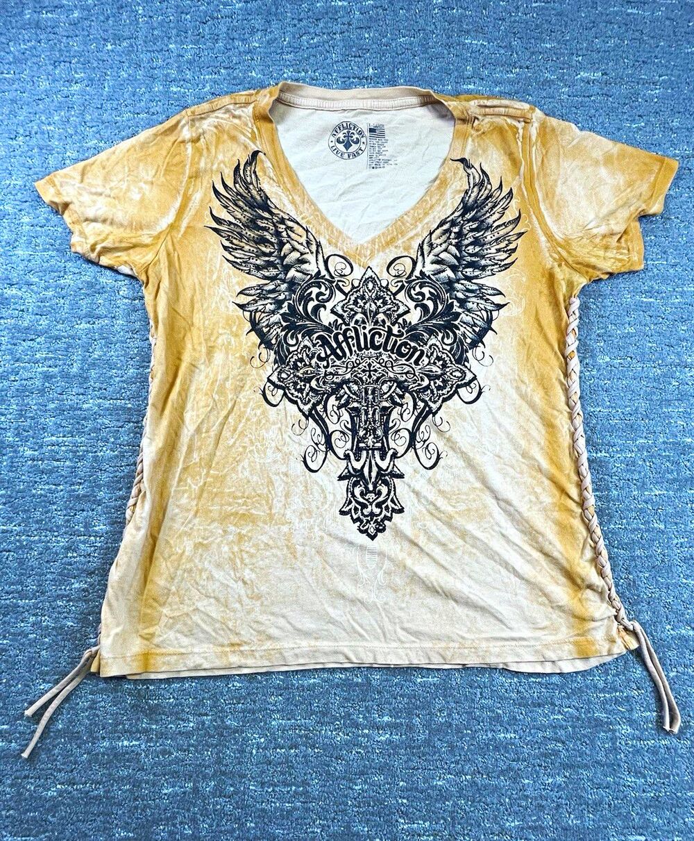 Affliction Blue Fast women’s  XL orange  Graphic Cross Wings V-Neck T-Shirt tee